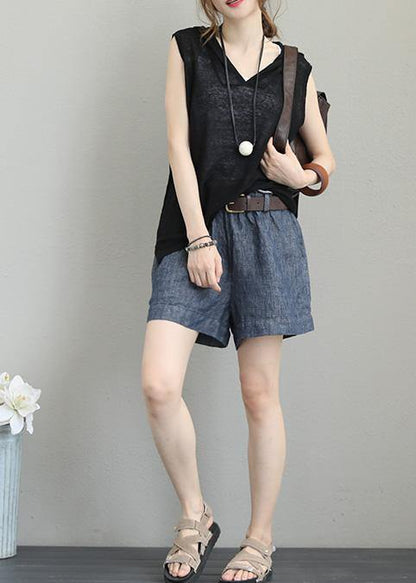 Natural sleeveless cotton clothes For Women hooded oversized black blouses - SooLinen