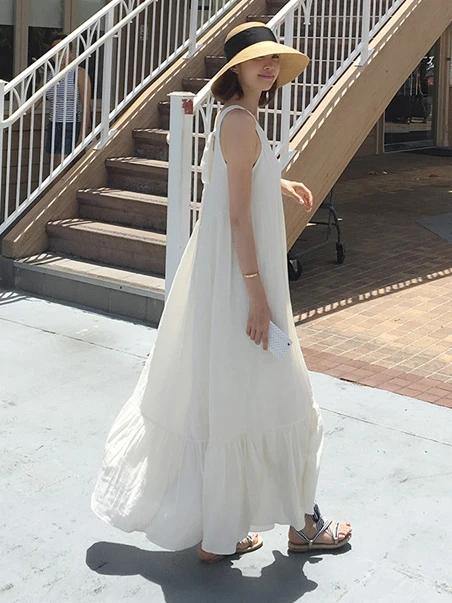 Natural sleeveless patchwork cotton quilting dresses Work white Maxi Dresses - SooLinen