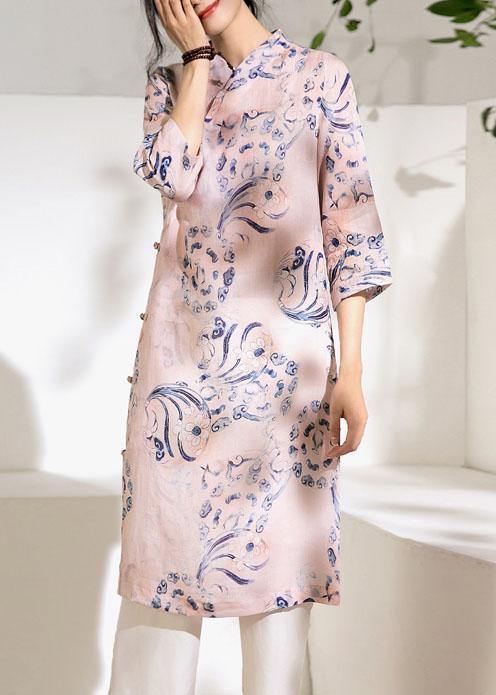 Natural stand collar Chinese Button linen summer dresses Work Outfits pink print Dress - SooLinen