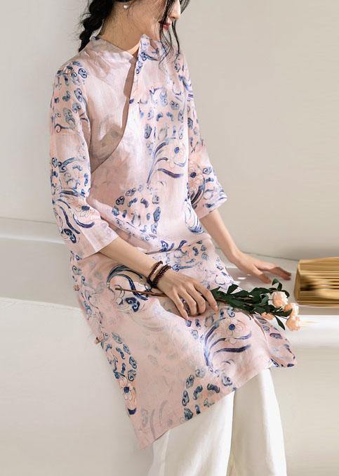 Natural stand collar Chinese Button linen summer dresses Work Outfits pink print Dress - SooLinen