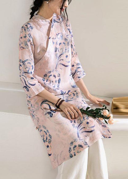 Natural stand collar Chinese Button linen summer dresses Work Outfits pink print Dress - SooLinen