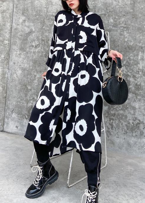 Natural stand collar asymmetric quilting dresses Inspiration black print Dresses - SooLinen