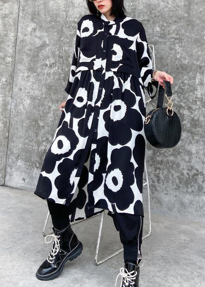 Natural stand collar asymmetric quilting dresses Inspiration black print Dresses - SooLinen