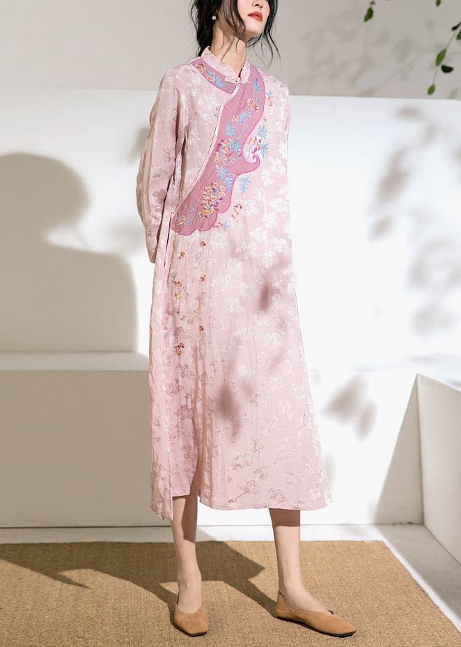 Natural stand collar embroidery linen dresses Fashion Ideas pink Dresses - SooLinen