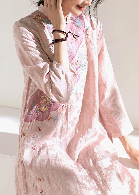Natural stand collar embroidery linen dresses Fashion Ideas pink Dresses - SooLinen