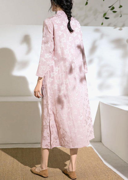 Natural stand collar embroidery linen dresses Fashion Ideas pink Dresses - SooLinen