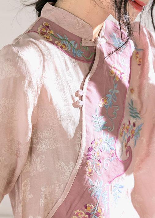 Natural stand collar embroidery linen dresses Fashion Ideas pink Dresses - SooLinen
