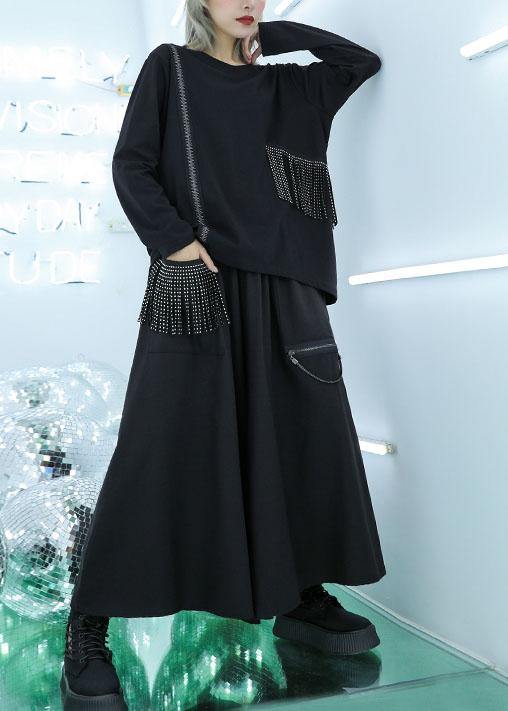 Natural tassel cotton clothes pattern black pullover fall - SooLinen