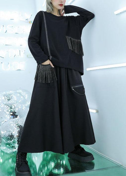 Natural tassel cotton clothes pattern black pullover fall - SooLinen