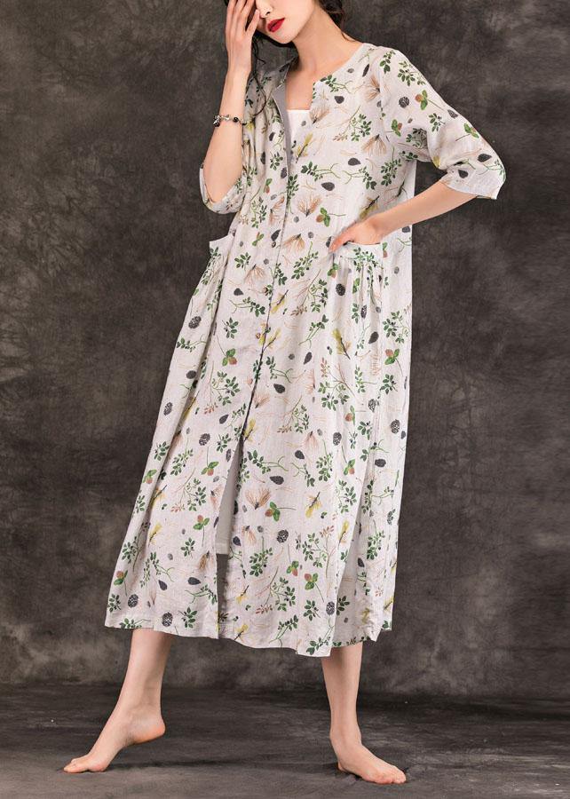 Natural v neck Button Down linen dresses Work Outfits gray print Dresses summer - SooLinen