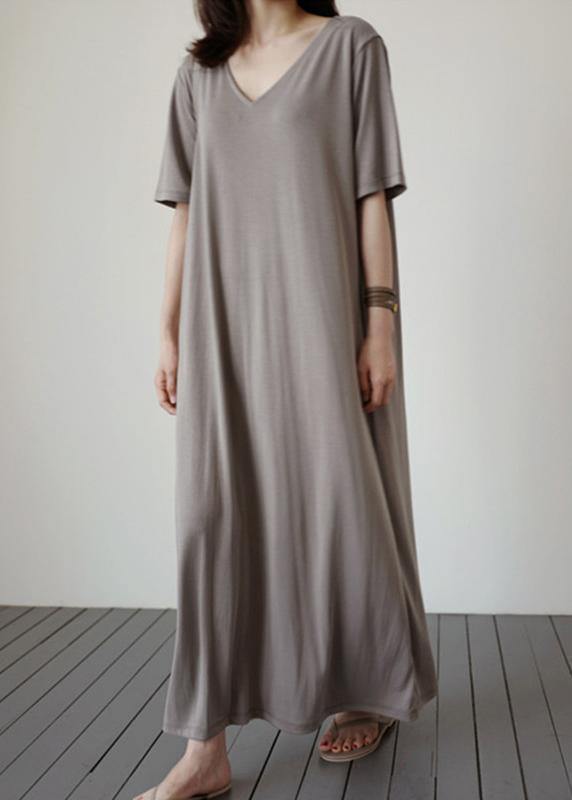 Natural v neck baggy cotton Tunics Work gray cotton Dress - SooLinen