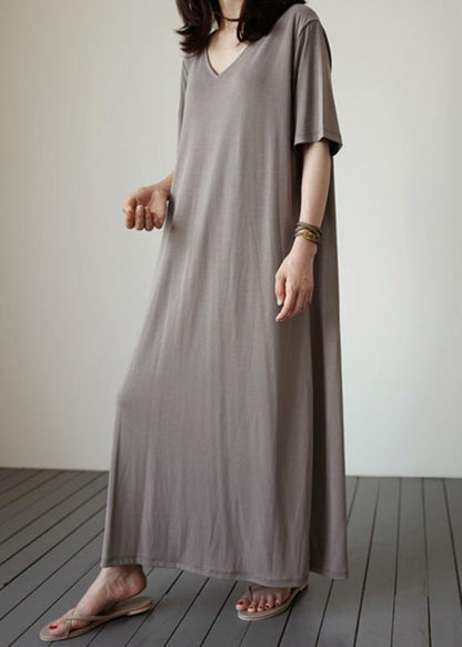 Natural v neck baggy cotton Tunics Work gray cotton Dress - SooLinen