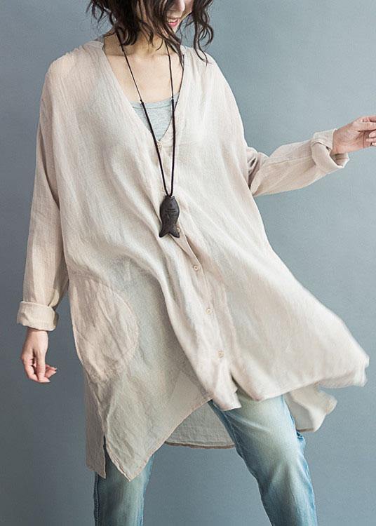 Natural v neck cotton Tunic pattern nude tops summer - SooLinen