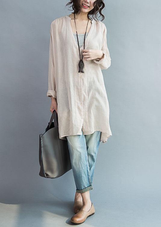 Natural v neck cotton Tunic pattern nude tops summer - SooLinen