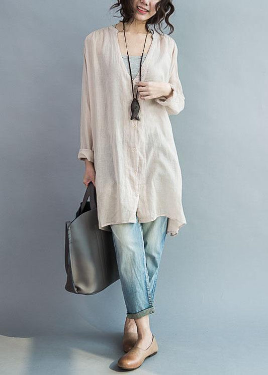 Natural v neck cotton Tunic pattern nude tops summer - SooLinen