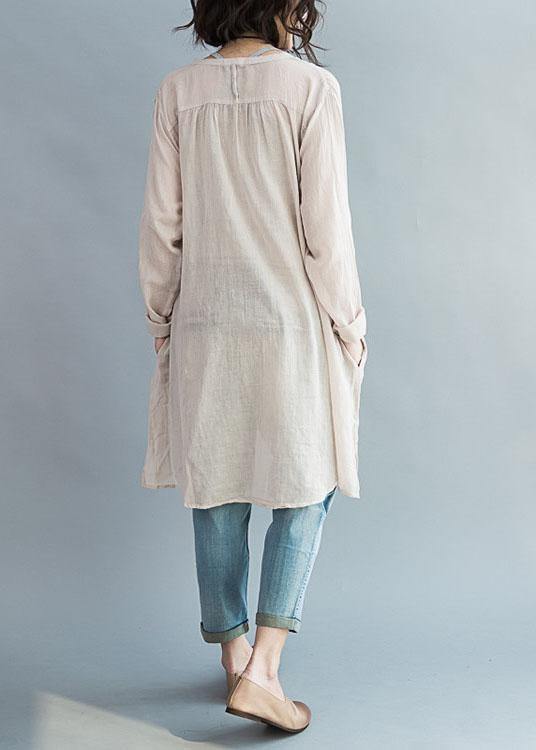 Natural v neck cotton Tunic pattern nude tops summer - SooLinen