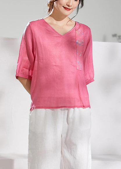 Natural v neck half sleeve linen summerclothes For Women pink print blouse - SooLinen