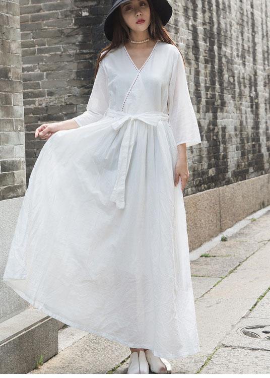 Natural v neck linen clothes For Women Outfits white Dress fall - SooLinen