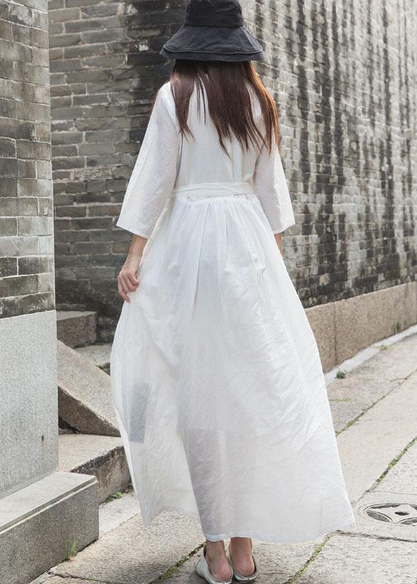 Natural v neck linen clothes For Women Outfits white Dress fall - SooLinen