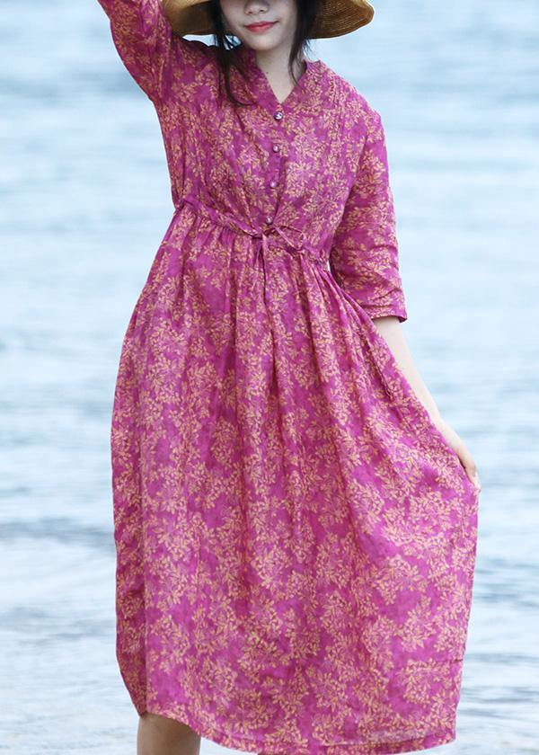 Natural v neck linen tie waist Wardrobes Shirts purple Dress - SooLinen