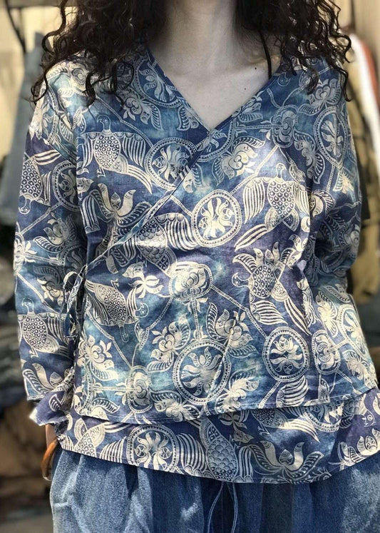 Natural v neck linen tunic top pattern blue prints blouses fall - SooLinen