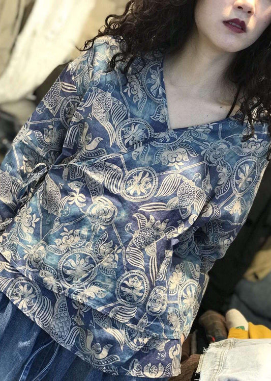 Natural v neck linen tunic top pattern blue prints blouses fall - SooLinen