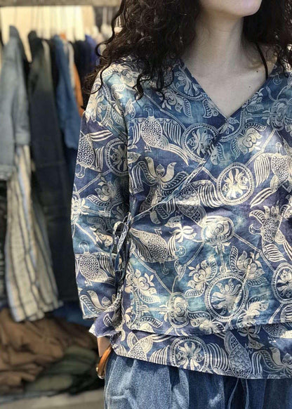 Natural v neck linen tunic top pattern blue prints blouses fall - SooLinen
