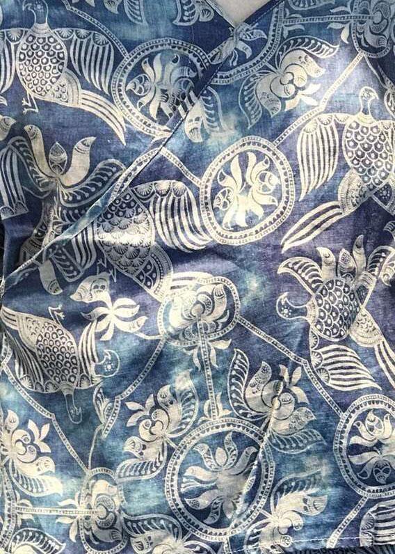 Natural v neck linen tunic top pattern blue prints blouses fall - SooLinen