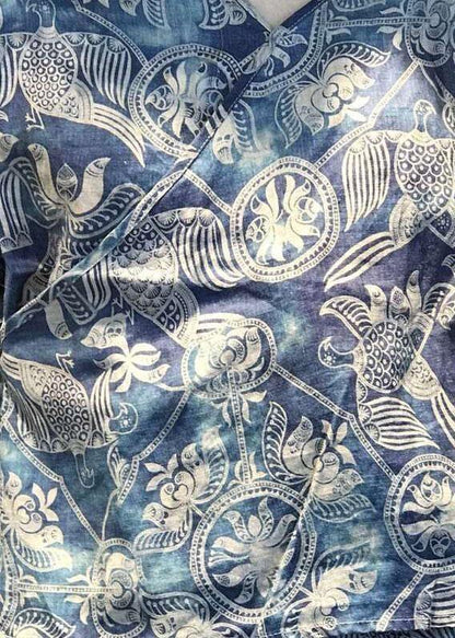 Natural v neck linen tunic top pattern blue prints blouses fall - SooLinen