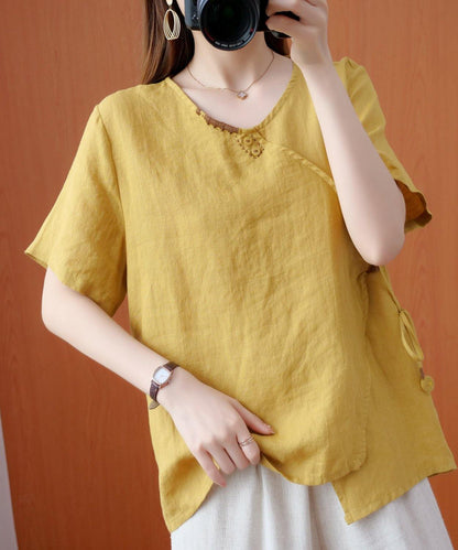 Natural v neck tie waist tops women blouses Christmas Gifts yellow embroidery shirts - SooLinen