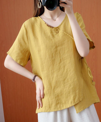 Natural v neck tie waist tops women blouses Christmas Gifts yellow embroidery shirts - SooLinen