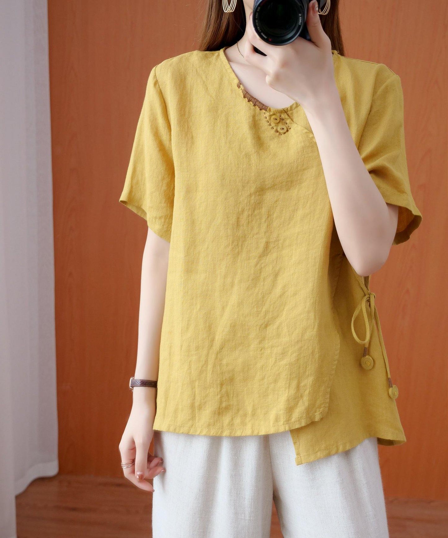 Natural v neck tie waist tops women blouses Christmas Gifts yellow embroidery shirts - SooLinen