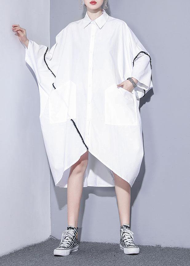 Natural white cotton clothes For Women lapel pockets patchwork cotton Dress - SooLinen