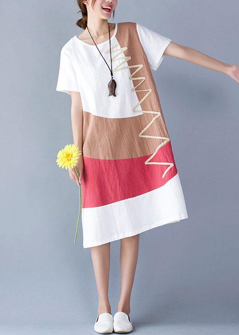 Natural white patchwork color cotton linen Wardrobes short sleeve loose summer Dresses - SooLinen