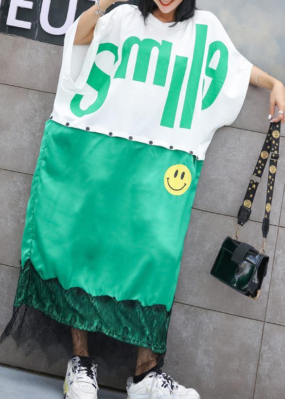 Natural white patchwork cotton tunic pattern alphabet prints long summer Dress - SooLinen