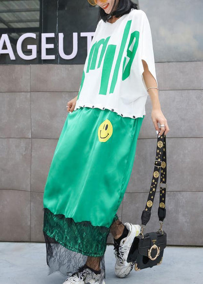 Natural white patchwork cotton tunic pattern alphabet prints long summer Dress - SooLinen