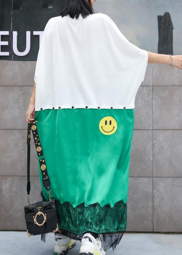 Natural white patchwork cotton tunic pattern alphabet prints long summer Dress - SooLinen