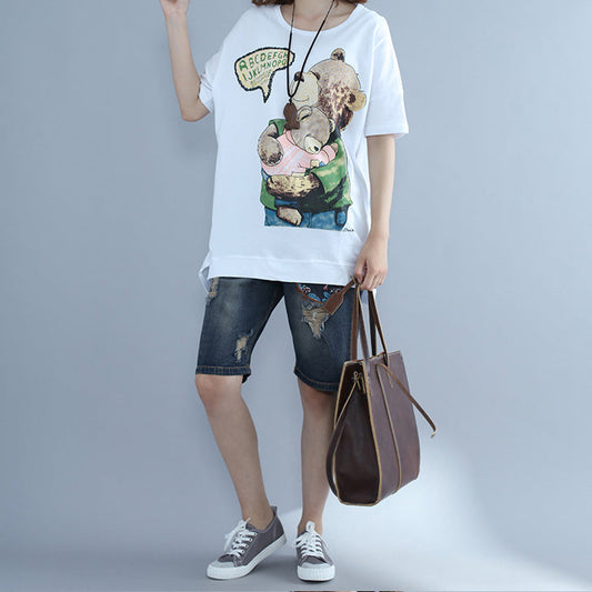 Natürliche weiße bedruckte Baumwollkleidung Omychic Photography Batwing Sleeve O-Ausschnitt Top