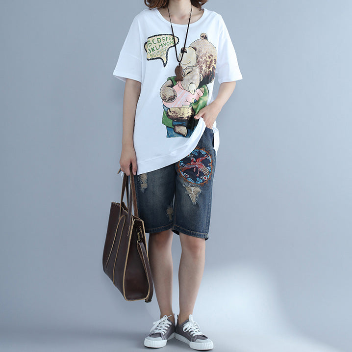 Natürliche weiße bedruckte Baumwollkleidung Omychic Photography Batwing Sleeve O-Ausschnitt Top