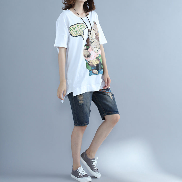 Natürliche weiße bedruckte Baumwollkleidung Omychic Photography Batwing Sleeve O-Ausschnitt Top