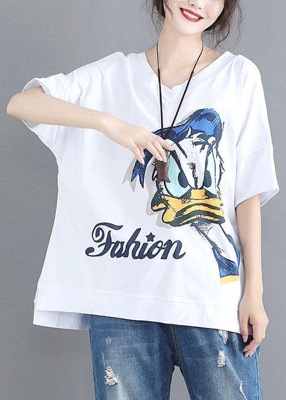 Natural white prints cotton Tunic v neck box summer blouses - SooLinen