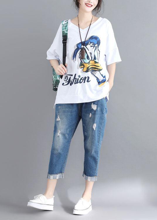 Natural white prints cotton Tunic v neck box summer blouses - SooLinen