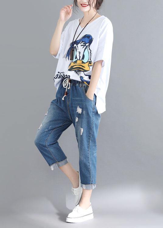 Natural white prints cotton Tunic v neck box summer blouses - SooLinen