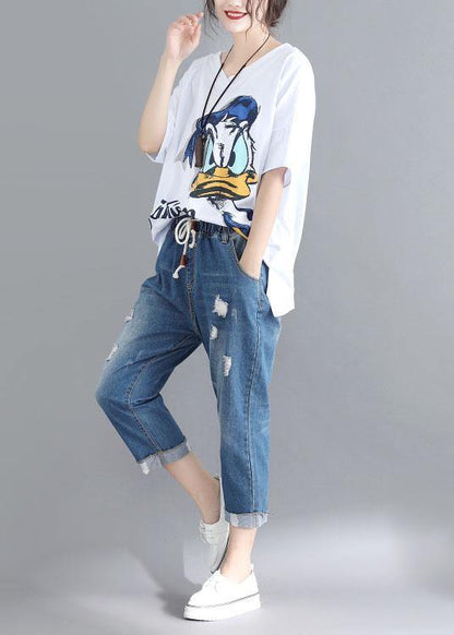 Natural white prints cotton Tunic v neck box summer blouses - SooLinen