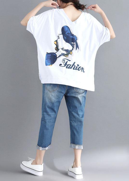 Natural white prints cotton Tunic v neck box summer blouses - SooLinen