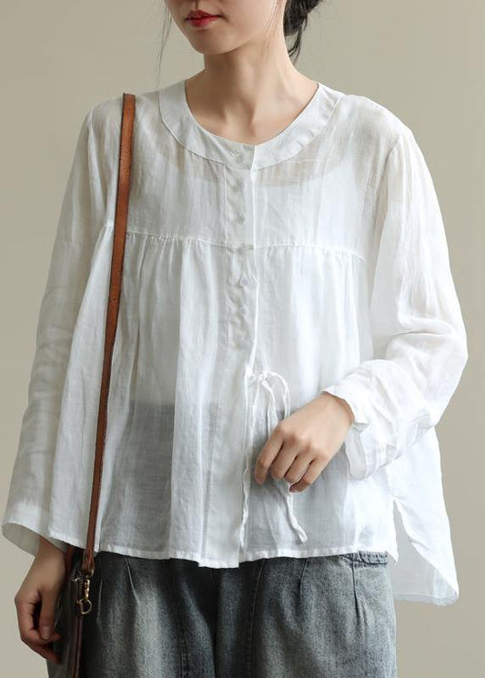 Natural white tunics for women o neck tie waist Art fall tops - SooLinen