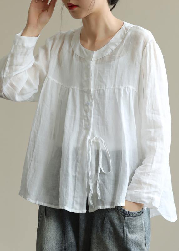 Natural white tunics for women o neck tie waist Art fall tops - SooLinen