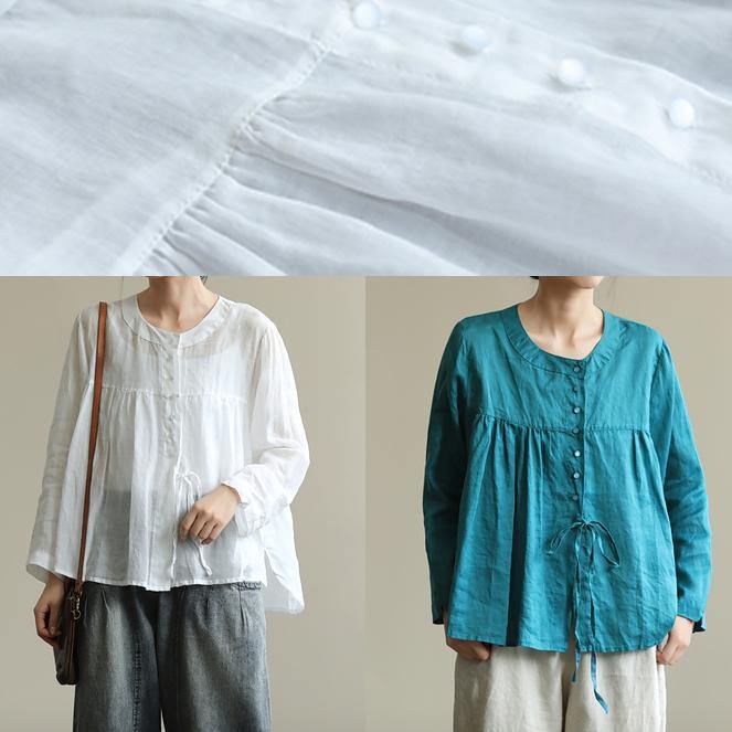 Natural white tunics for women o neck tie waist Art fall tops - SooLinen
