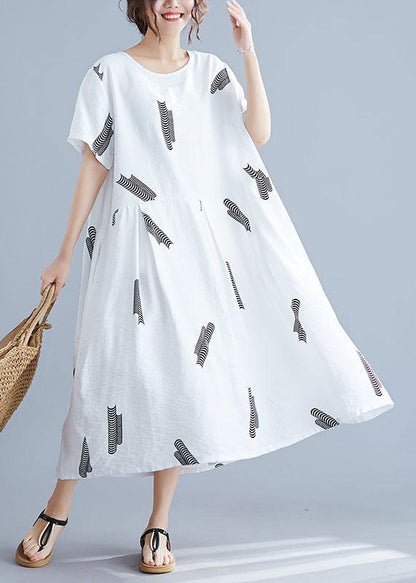 Natural Cinched cotton Long Shirts Wardrobes white prints Dress summer - SooLinen