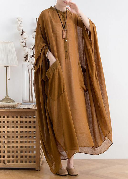 Natural yellow chiffon Robes plus size Shape stand collar Batwing Sleeve Dress - SooLinen